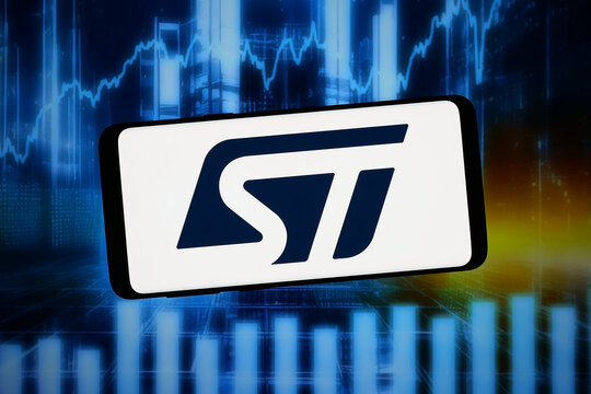 Stuttgart, Germany - 02-11-2026: In this photo illustration, the logo of company STMicroelectronics NV (ST, STMicro) is displayed on a smartphone in front of abstract background on computer screen.