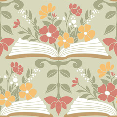 Cotton fabric Seamless repeat pattern with open books and flowers in vintage folk art style whimsical botanical illustration for wallpaper and textile design background