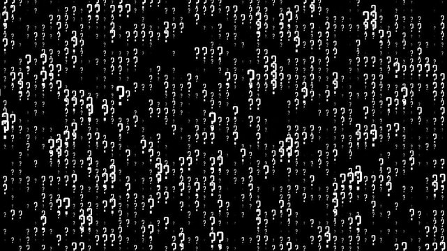 Animation of the uncertainty matrix. A rain of question marks is a glitch-style digital data stream on a black background.
