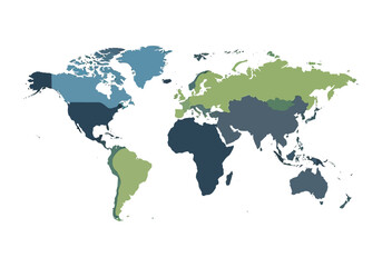 Obraz premium A colorful world map illustration displaying various countries in different shades of blue and green on a white background.