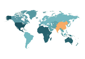 Obraz premium A colored world map illustration highlighting various countries in different shades with a prominent region emphasized