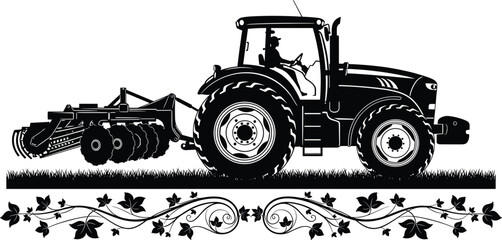 Agricultural tractor silhouette with plow machine and decorative floral border, farming vector illustration isolated on white background for rural design © Mst
