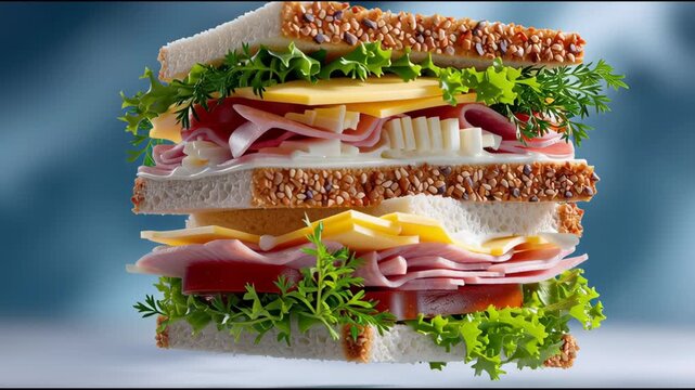 Gourmet surreal floating sandwich with sesame bread lettuce tomato cheese ham salami mayonnaise deli meat layers dreamy stacked sandwich food photography closeup seed crust salad leaf