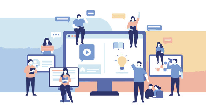 People Interacting with Large Computer Monitor in Online Learning Concept