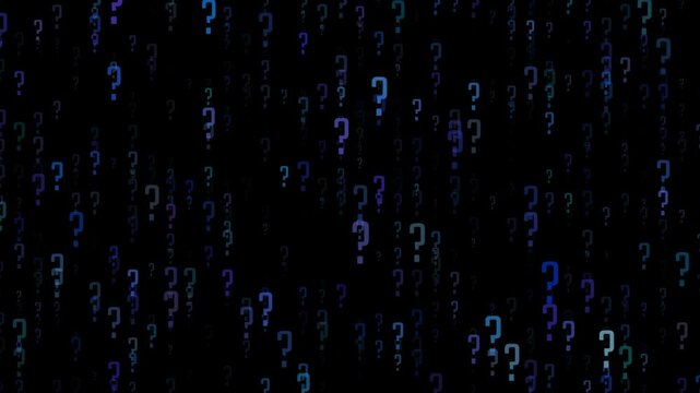 Deep cyber rain. Minimalistic question marks in a blue-purple gradient. Philosophical data flow. A calm vertical rain of question marks.