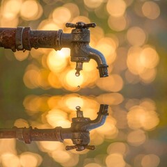 Rusted tap reflecting, drop falling. Blurred golden bokeh background. Aged texture