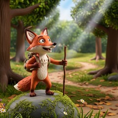Cartoon Fox Hiking in Forest Scene.