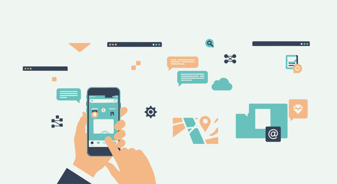 Hands holding smartphone with messaging and cloud icons