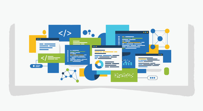 Code snippets and program panels on a digital dashboard for software development