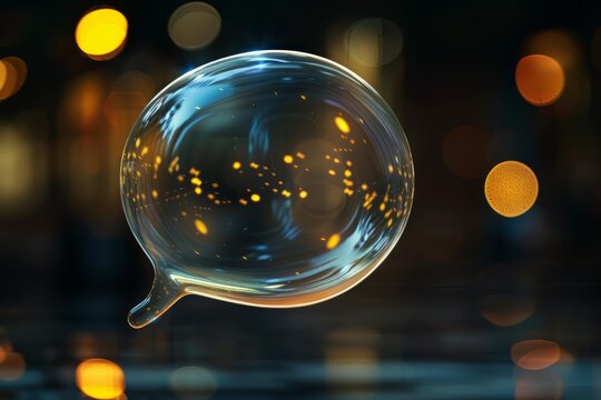 Empty speech bubble floating on a dark background reflecting city lights