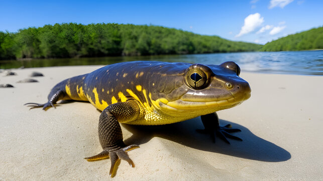 Eastern hellbender crawling on sandy riverbed