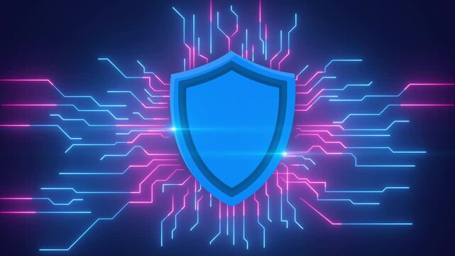 Cybersecurity Shield Protection Concept with Digital Neon Circuit Lines animation 4k.