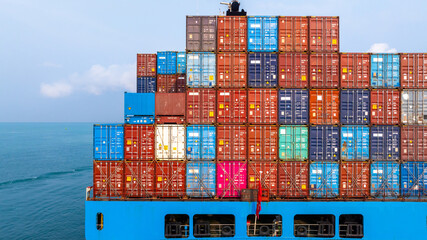 Fototapeta premium Aerial view container ship carrier container on sea, Global business logistics and Global trade transportation by container ship, Container ship freight shipping import export logistics supply chain.
