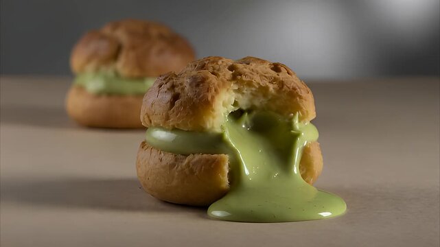 Matcha Cream Puff Oozing Filling Close Up Still Life