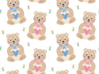Obraz premium Seamless Pattern with Cute Cartoon Teddy Bears Holding Hearts. Sweet Children’s Background for Fabric and Wallpaper