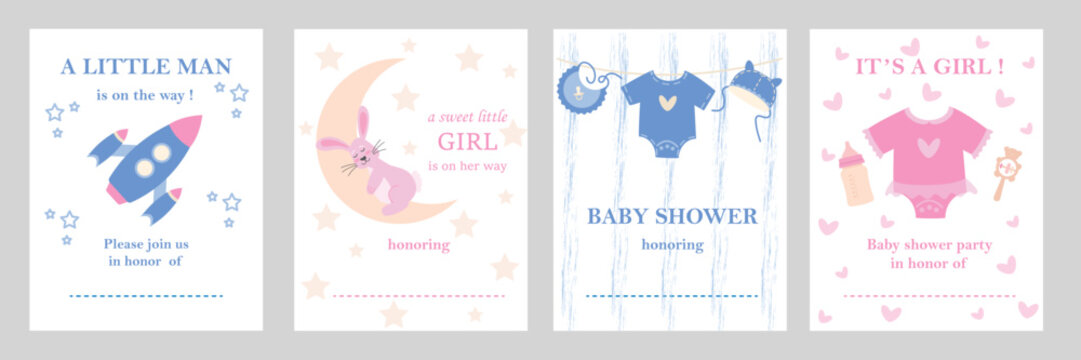 Set of Baby Shower Invitation Card Design Templates with Cute Illustrative Elements for Boy and Girl