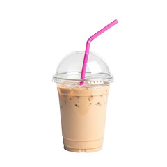 A refreshing iced coffee with a pink straw in a clear plastic cup isolated on transparent background