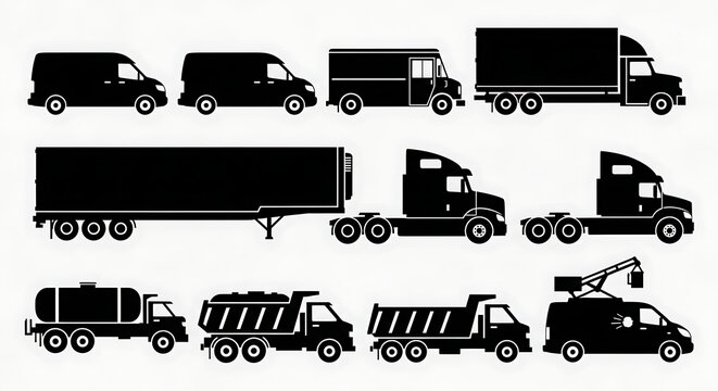 Commercial Delivery and Utility Vehicle Silhouette Side View Vector Set with Vans, Box Trucks, Semi-Trucks, and Last-Mile Delivery on Solid Cool Gray Background