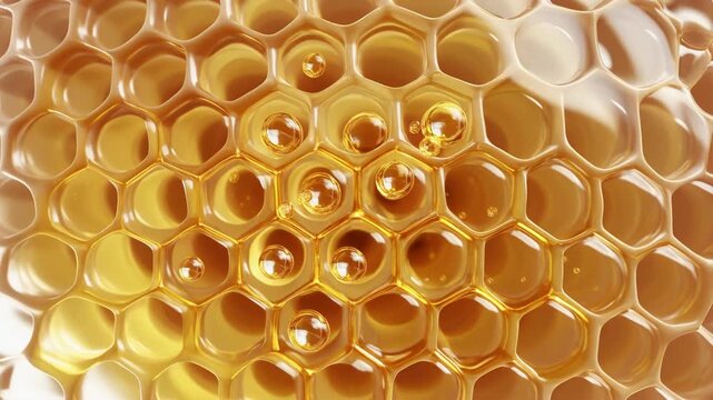 Closeup angle view of a golden honeycomb structure revealing hexagonal cells, liquid texture and intricate pattern in a pristine setting