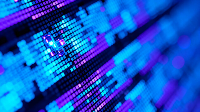 Abstract macro view of a digital screen with glowing blue and purple diodes. RGB pixel texture, tech display background, electronic hardware aesthetic, smart trendy mosaic backdrop digital use AI stru