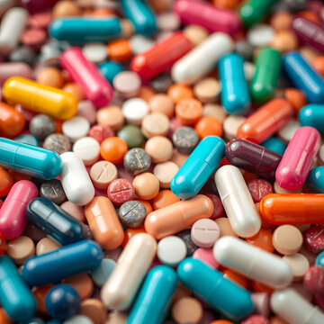 A Close-Up View of Assorted Colorful Pills and Capsule Pharmaceutical Landscape, Medicine Banner, backdrop design concept, Cover, Drug Background