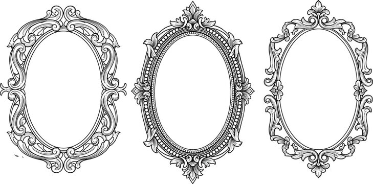 Vintage ornate oval frame vector set with baroque engraved details, elegant classic decorative borders for wedding invitations, luxury branding, posters, and wall art