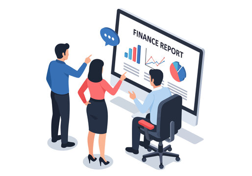 Three professionals collaboratively analyze financial data, pointing at a large monitor displaying a finance report with various colorful charts in this detailed isometric vector office illustration