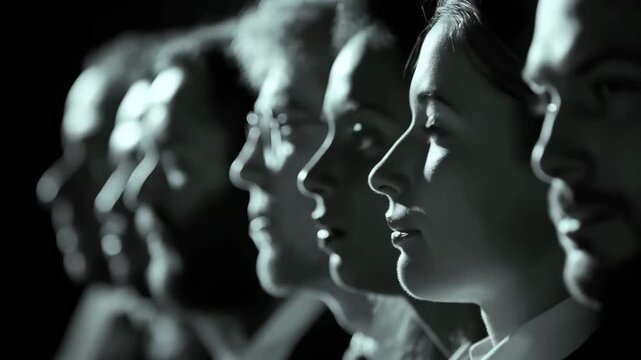 Side view of professional singers performing in a choir during a concert
