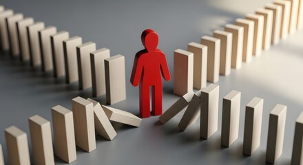 A lone red figure standing out in a line of falling dominoes