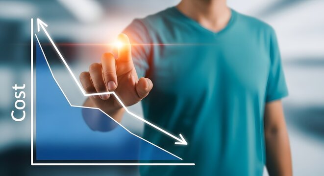 A person interacting with a digital graph showing decreasing cost