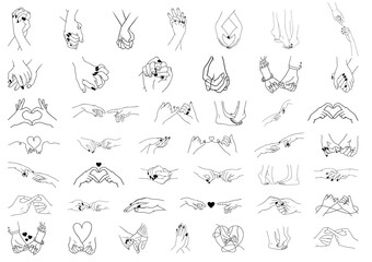 Fototapeta premium Romantic hand gestures of a man and a woman for Valentine’s Day — holding hands, interlaced fingers, pinky promise, heart shape hands, gentle touch, love and emotional connection line art set