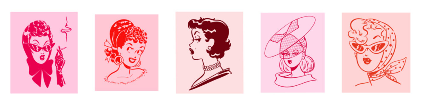 Vintage Pin-Up Women Portrait Set, Retro American 50s 60s 70s Glamour Ladies with Bold Makeup, Cat Eye Sunglasses, Veil Hat, Headscarf and Classic Hollywood Mid-Century Fashion