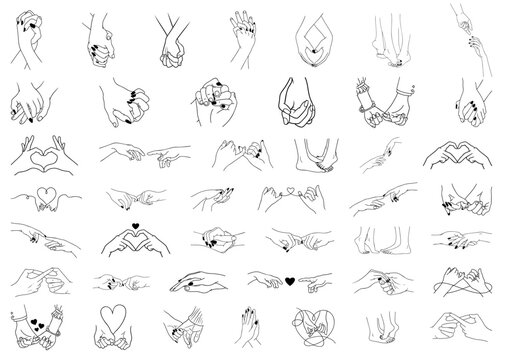 Romantic hand gestures of a man and a woman for Valentine&rsquo;s Day &mdash; holding hands, interlaced fingers, pinky promise, heart shape hands, gentle touch, love and emotional connection line art set