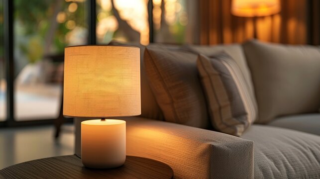 Cozy indoor living space with a lit table lamp, sofa, and warm evening light outdoors
