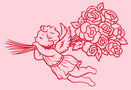 Hand Drawn Flying Cupid Carrying Big Bouquet of Red Roses for Valentine&rsquo;s Day, Romantic Love Angel Bringing Flowers for Dinner and First Date