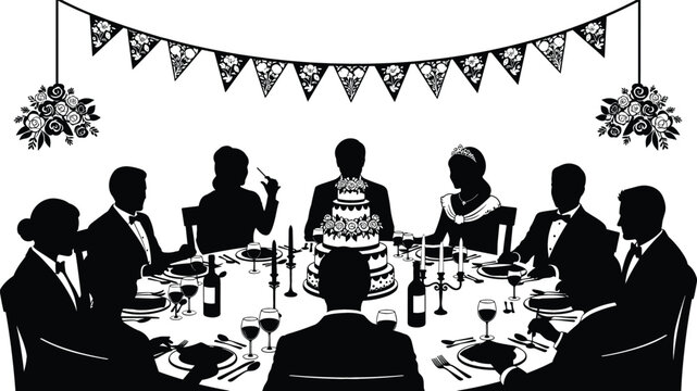 Elegant birthday celebration dinner silhouette vector with people gathered around table and cake, festive party scene for events, invitations, posters, and decorative designs