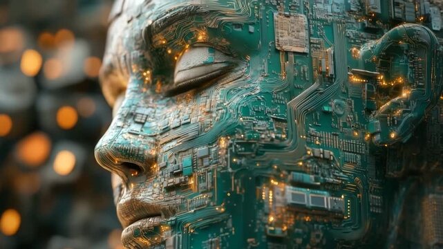 Futuristic android face made of circuit board blinking, showing the concept of ai evolution