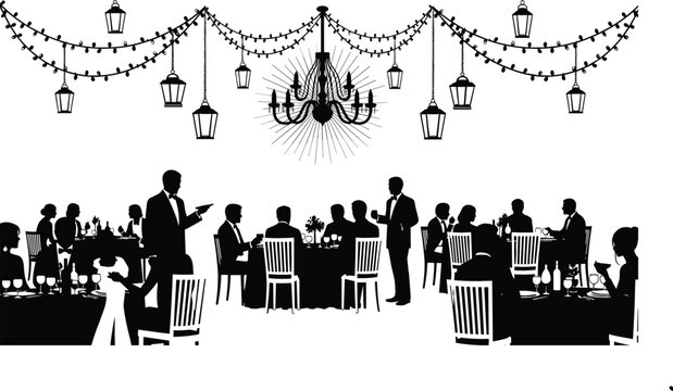Elegant evening party silhouette vector with people dining under chandeliers and string lights, formal gala celebration scene for events, weddings, banquets, and luxury designs