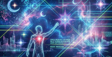 Human figure reaching towards a star amidst a sci-fi cityscape and nebula.