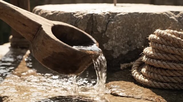 Wooden scoop pouring water into stone basin with rope nearby in rustic natural ancient setting, The life of biblical times. households concept