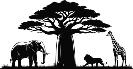African safari wildlife silhouette vector illustration with baobab tree elephant lion and giraffe, dramatic nature scene for posters, logos, wall art, and decor © Mst