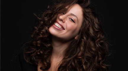Fototapeta premium Beautiful Smiling Woman with Curly Brown Hair Portrait.Radiant young woman laughing joyfully with flowing curly brunette locks photographed against dark dramatic studio background.