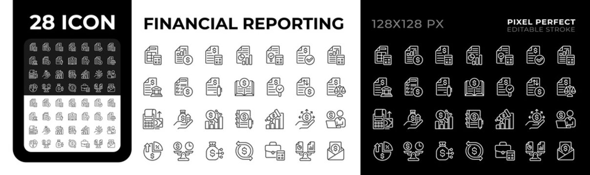 Financial reporting pixel perfect black and white line icons set. Documenting, summarizing and communicating company activities. Outline iconset. Isolated monochrome illustrations. Editable stroke