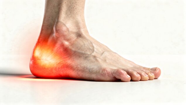 Conceptual image of a bare foot with a bright glowing red area on the heel illustrating localized pain Achilles tendonitis or injury for medical diagnosis and orthopedic health education purposes.