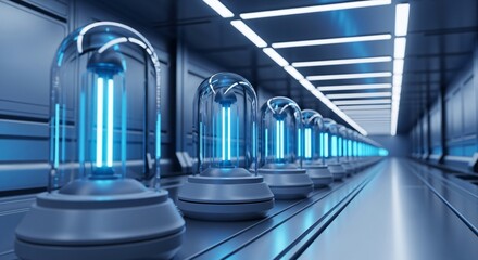 A futuristic laboratory with rows of glowing blue tubes