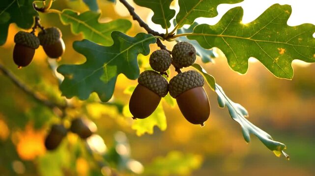 acorns on oak branch, autumn sunlight, fall foliage, nature background
