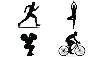 Four silhouettes depict athletic activities against a white background. 