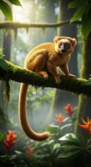 Fototapeta premium Golden Bamboo Lemur Perched on Branch in Lush Rainforest.