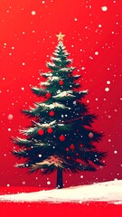 Obraz premium Snowy Christmas tree on a red backdrop with floating snowflakes and a golden star topper