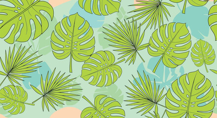 Tropical leaves pattern in a vibrant and colorful illustration featuring monstera and palm leaves in various shades of green © chickengeprek